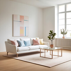 Modern Minimalist Living Room with Pastel Decor and Abstract Wall Art,  Generated with AI.