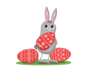 Easter bunny with a set of colored eggs. Easter holiday card design. Cute funny hare. Vector illustration
