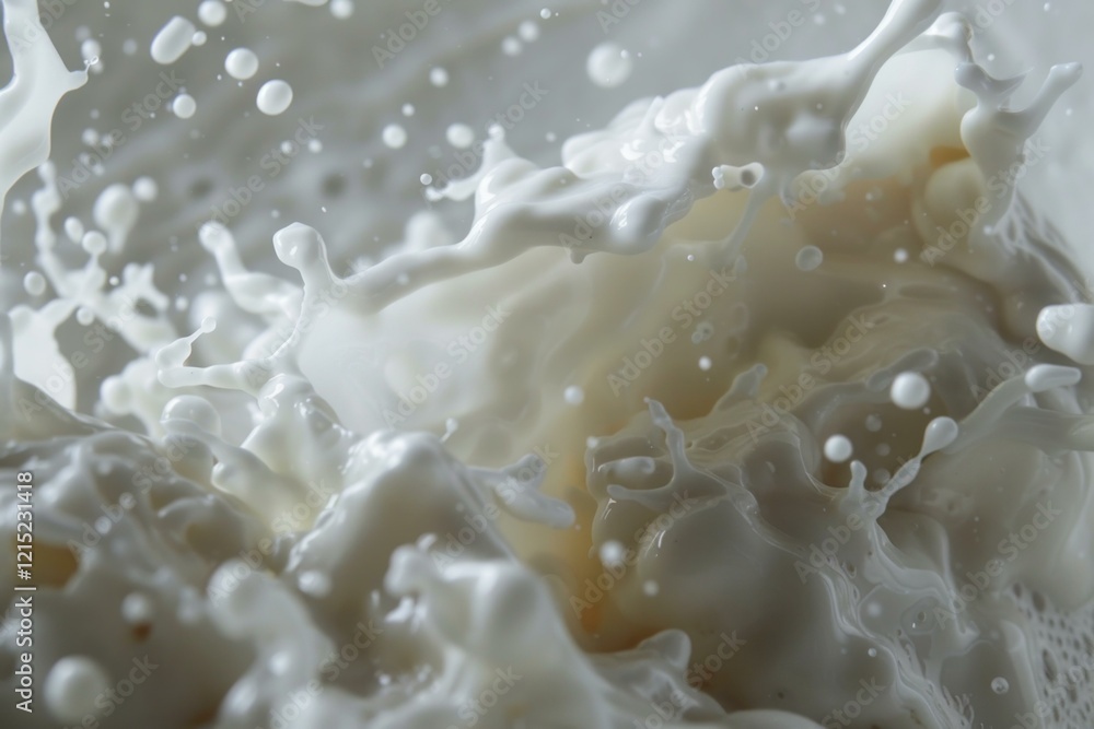 Poster milk is splashing and creating abstract shapes with droplets