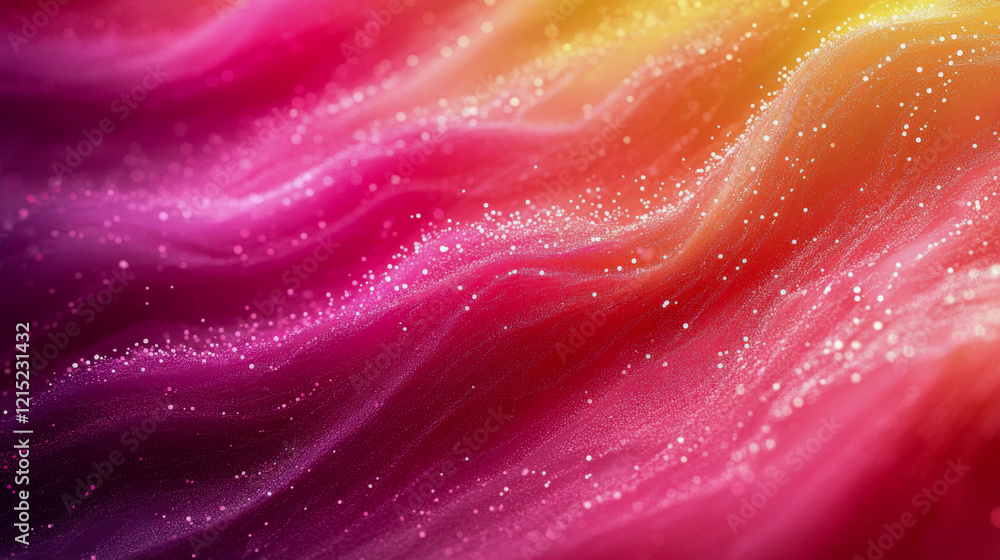 Poster vibrant abstract pink and yellow waves with glowing particles creating a dynamic artistic flow