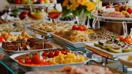 Fototapeta premium Breakfast buffet with numerous dishes including pastries, cereals, meats, and fruits.