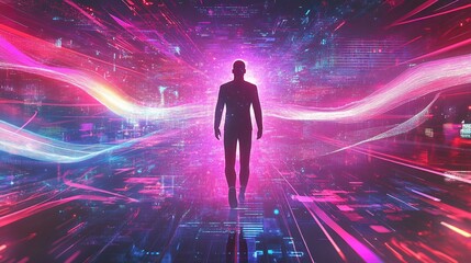 Digital Journey: A Silhouette Walking Through a Neon-Drenched Cyberspace
