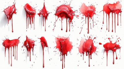 Red paint drips, splatters, white background, design element