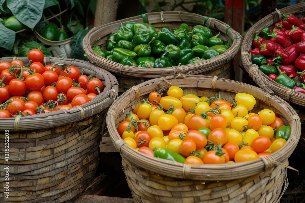 Aufkleber wicker baskets overflowing with colorful tomatoes and peppers create a vibrant display at a local fa
