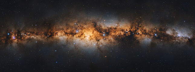 Fototapeta premium Panoramic view of the Milky Way galaxy with stars and galaxies, dark background, dark blue and purple tones, with a grainy texture.