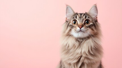 A long-haired kitten with big eyes on a pink background. Cute kitten with curious eyes in an advertising&nbsp;poster&nbsp;style.