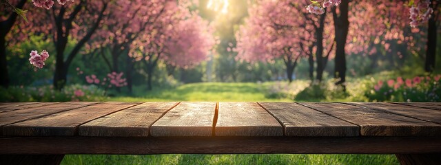Naklejka premium Spring Table With Trees In Blooming And Defocused Sunny Garden In Background
