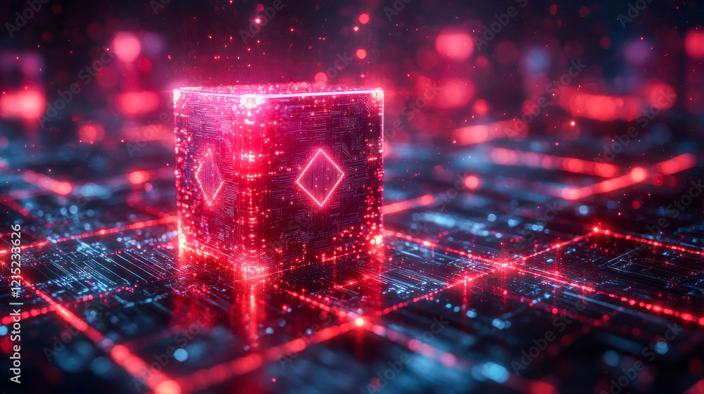 Poster A futuristic digital blockchain cube glowing in a neon red cyber environment with tech elements