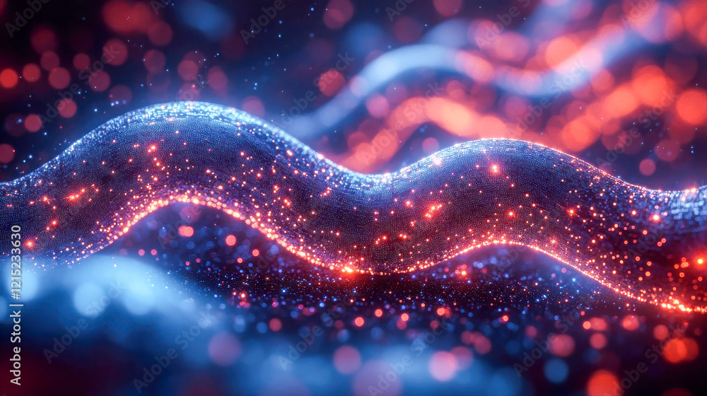 Poster a futuristic wavy blockchain network with glowing red and blue elements, symbolizing digital connect