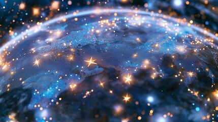 Obraz premium A mesmerizing image of Earth illuminated by vibrant, glowing lights representing global connection, unity, and modern technology. The dynamic visual connects the cosmic with the earthly