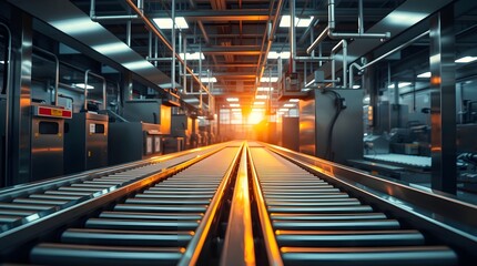 stock photo, intense dramatic lighting, soft pastel colors, depicting stainless steel conveyor belts in a modern food processing plant.