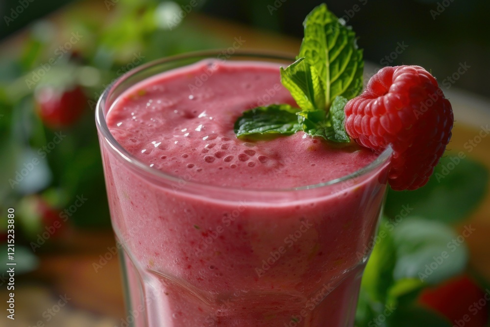 Poster glass of refreshing raspberry smoothie decorated with fresh mint and raspberry, with blurred berries