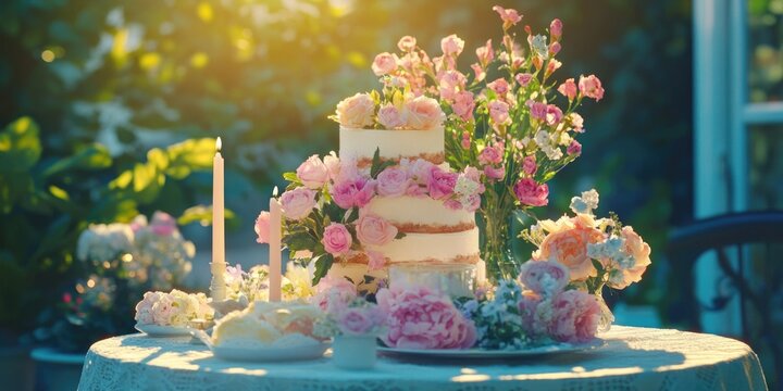 A charming outdoor wedding table adorned with a tiered cake, pink flowers, and elegant floral arrangements.