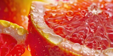 A slice of grapefruit with droplets of water on it. The droplets are small and scattered, giving the fruit a fresh and juicy appearance