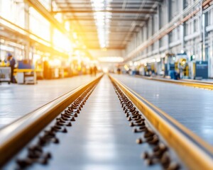 Factory floor tracks, industrial production, sunlight.