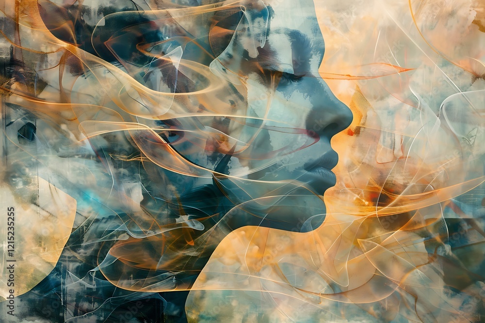 Poster a pensive mind with floating abstract shapes and soft, muted colors reflecting deep thought and cont