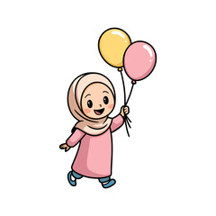 Happy Muslim Girl Walking Cartoon Illlustration with Balloons