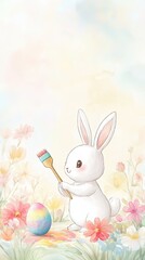 Obraz premium Adorable Easter Bunny Painting an Egg in a Floral Garden