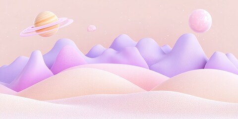 Pastel Planet: A whimsical, pastel-hued landscape with soft, undulating mountains and floating planets, evoking a dreamlike, surreal atmosphere. The scene is rendered in a smooth, 3D style.