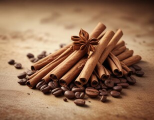 Coffee beans in the background with cinnamon sticks, background, warmth