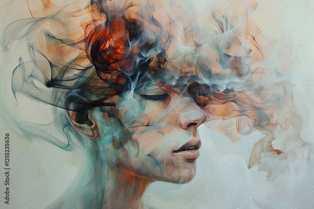 Poster a pensive mind with floating abstract shapes and soft, muted colors reflecting deep thought and cont