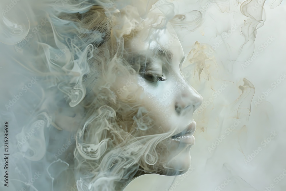 Poster a pensive mind with floating abstract shapes and soft, muted colors reflecting deep thought and cont
