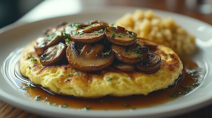 Restaurant Mushroom Omelet, Potatoes, Sauce