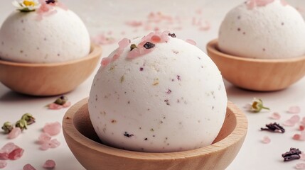 A close-up of handmade bath bombs placed in wooden bowls, decorated with pink salt crystals and dried flowers. The soft lighting highlights their natural texture and delicate details