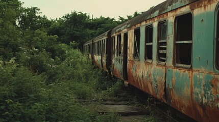 Naklejka premium Old, rusting train carriages meld with dense vegetation, illustrating nature’s slow but inevitable reclamation amidst a haunting stillness.