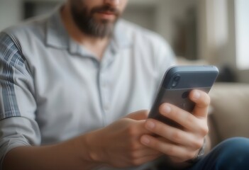 A man in a casual shirt using a smartphone, representing modern communication and mobile technology in a relaxed environment.