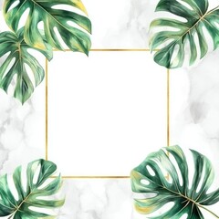 Watercolor Monstera Leaves Frame Marble Background