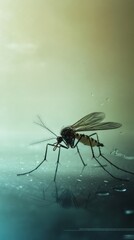 Mosquito: A Macro Photography Masterpiece, showcasing the intricate details of a mosquito on a reflective surface, highlighting its delicate wings and slender legs against a soft, muted backdrop.