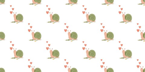 A cute repeating pattern of snails with green shells and pink hearts on a soft yellow background. Great for baby products or whimsical prints, gift wrapping, wallpapers, or playful decor