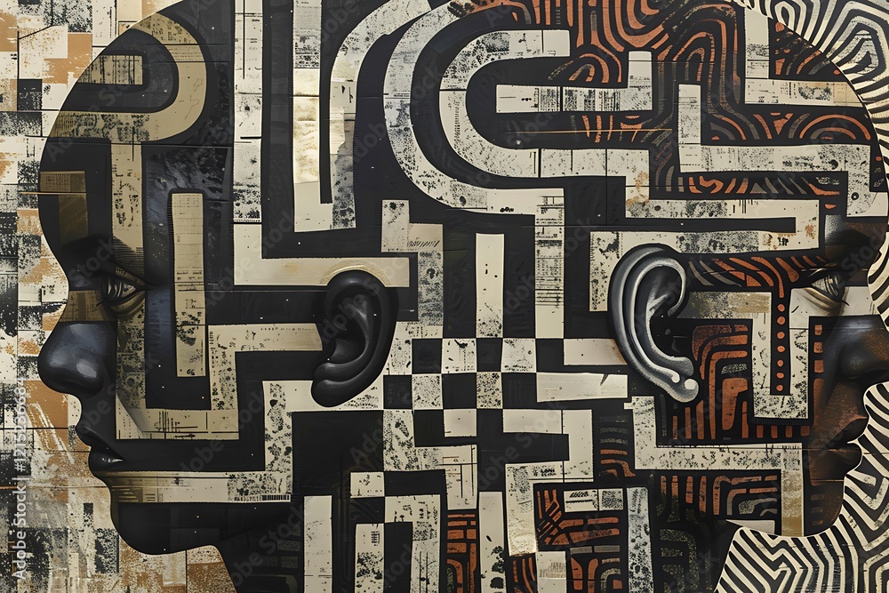 Poster a perplexed mind with abstract, interlocking patterns and muted tones representing confusion and unc