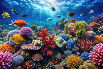 Naklejka premium Coral reefs teeming with colorful marine life amidst the ocean, ocean biodiversity, tropical fish, aquatic plants
