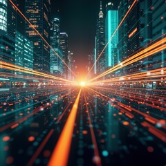 Fototapeta premium Data-driven decisions, automation power success in modern business. City at night shows tech advancements. Fast data flow creates powerful business effect. Bright lines, lights highlight speed,