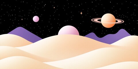 Celestial Sandscapes: A dreamy, stylized illustration of a desert landscape under a star-studded sky, punctuated by three celestial bodies, hinting at a fantastical and otherworldly realm. 