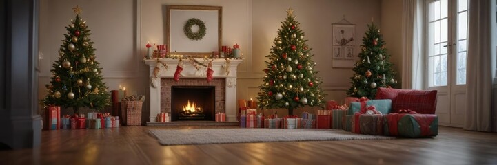 Cozy living room with decorated Christmas tree and presents, festive atmosphere, holiday season