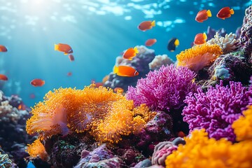 Obraz premium Vibrant Coral Reef With Orange Fish Swimming