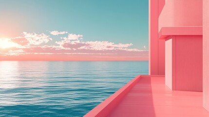 Pink Minimalist Ocean Sunset Balcony View