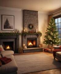 Cozy living room with fireplace and Christmas tree, cozy living room, fireplace