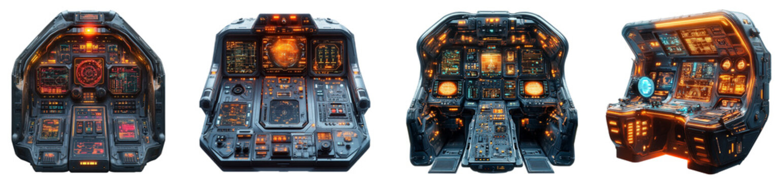 futuristic spaceship control panels with glowing displays on transparent background