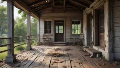 Fototapeta premium Crumbling wooden porch of a historic farmhouse, rustic decor, fading paint, crumbling porch
