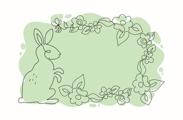 Hare in flower frame. Easter bunny drawing, flowers line art. One line drawing. Festive spring greeting card design. Isolated background.