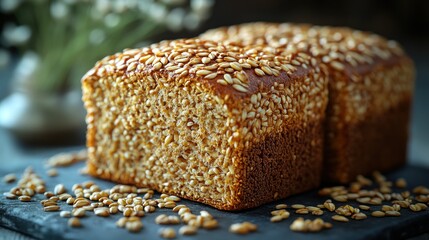 Rustic oat bread, kitchen, seeds, baked, close-up, food photography