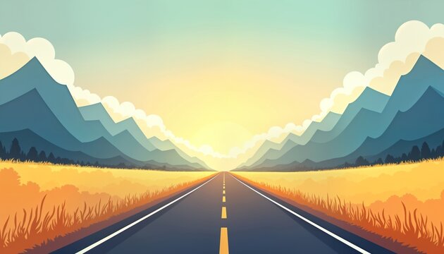 Scenic road stretches into colorful mountains under sunrise. Endless journey landscape. Freedom and adventure concept. Visual animation. Modern and creative graphic design. Travel inspiration.