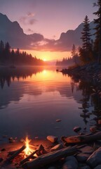 Fototapeta premium Dawn breaking over the lake's calm surface as a bonfire crackles softly on the shore, nature, sunrise, bonfire