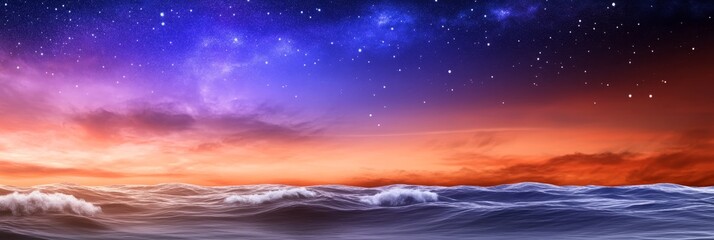 Obraz premium Celestial Seascape at Night - A breathtaking panoramic view of a starry night sky over a tranquil ocean, showcasing vibrant colors and a serene atmosphere.
