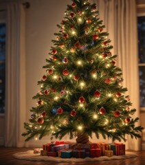 Decorated Christmas tree with a beautiful backlit scene, festive lights, Christmas ornaments, twinkling lights on tree