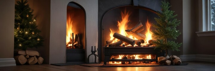 Decorative fir tree on the hearth beside a roaring fire, evergreen tree arrangement, smoke